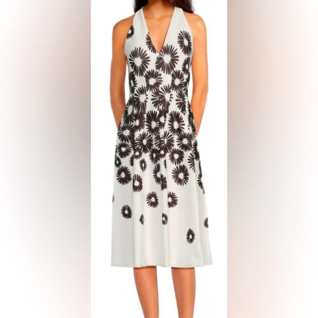 Halston Printed Halter Midi-Dress Off White & Black Floral Dress - Size 6
